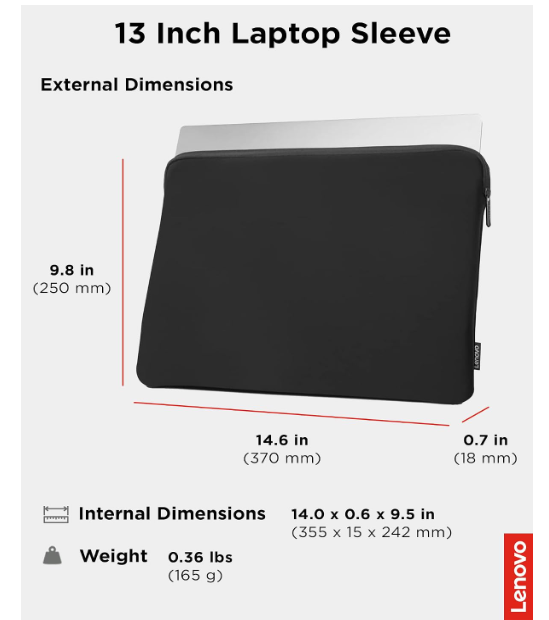 Lenovo Basic Laptop Sleeve 13 Inch Notebook/Tablet Compatible with MacBook Air/Pro Neoprene Material - Soft Fleece Lining - Zippered Top Opening - Black - Image 2