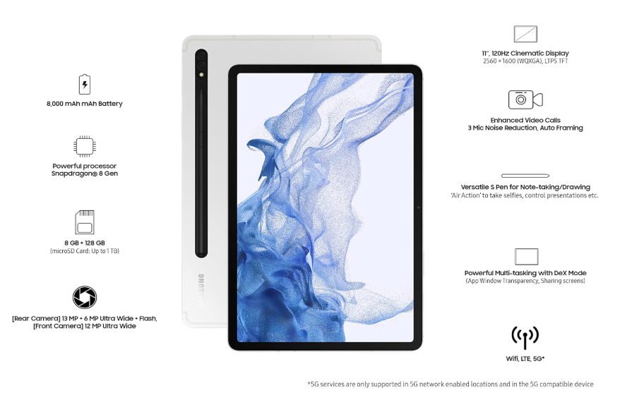 Samsung Galaxy Tab S8 | 27.81cm (11.0") LCD Display | 4nm Processor | 8,000 mAh Battery | Dolby Atmos Quad Speakers | Android 12.0 | 8GB+128GB | 12GB+256GB | Wi-Fi | 5G | S Pen Support | Silver - Image 2