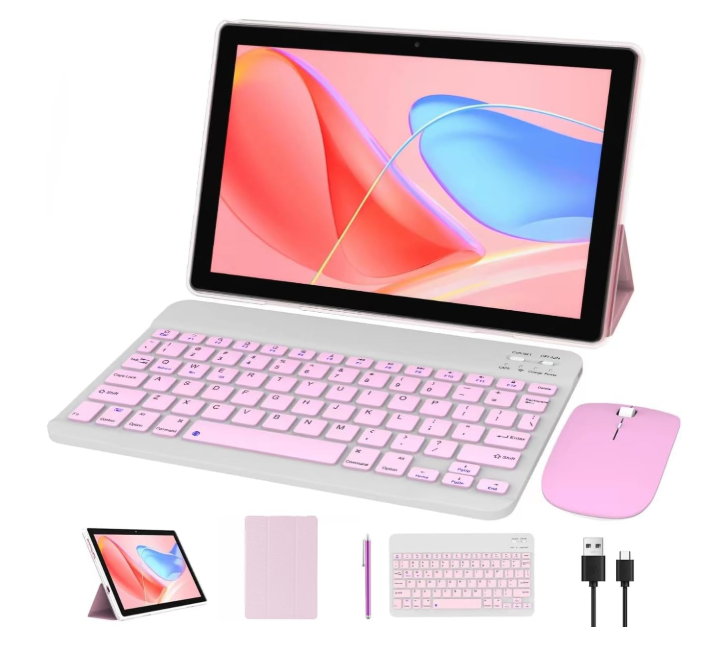 NOVOJOY Tablet 10.1' Android 11 OS, 2-in-1 Tablets with Keyboard, Mouse Case, Ballpoint Pen 64GB ROM+4GB RAM,8MP Dual Camera, Quad-Core Processor, 6000mAh Battery, 1280 x 800 FHD,