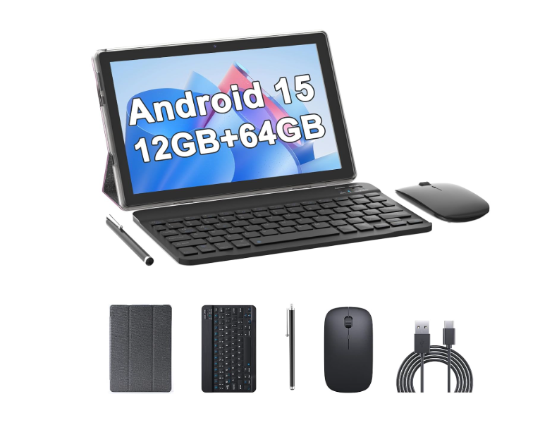 10" Android Tablet with Keyboard 64GB ROM + 12GB RAM (4+8 Expansion), Support 1TB 2MP Expansion + 8MP Dual Camera 6000mAh 5G WiFi-6 Tablet, 2 in 1 Tablets with Mouse