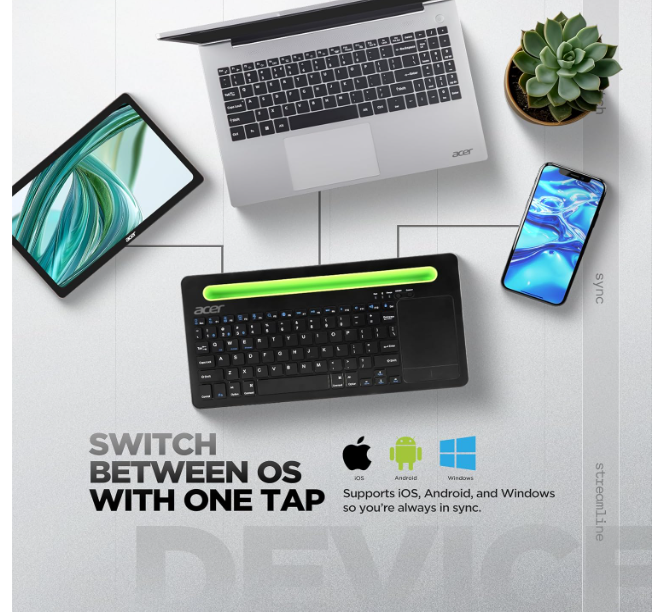 Acer SwiftConnect Multi-Device Wireless Rechargeable Keyboard with Cradle & Touchpad | Dual Channel Switch | Compact & Quiet | Works with Windows, Mac, Laptop, Desktop, Tablet, Smartphone, Notebook - Image 2