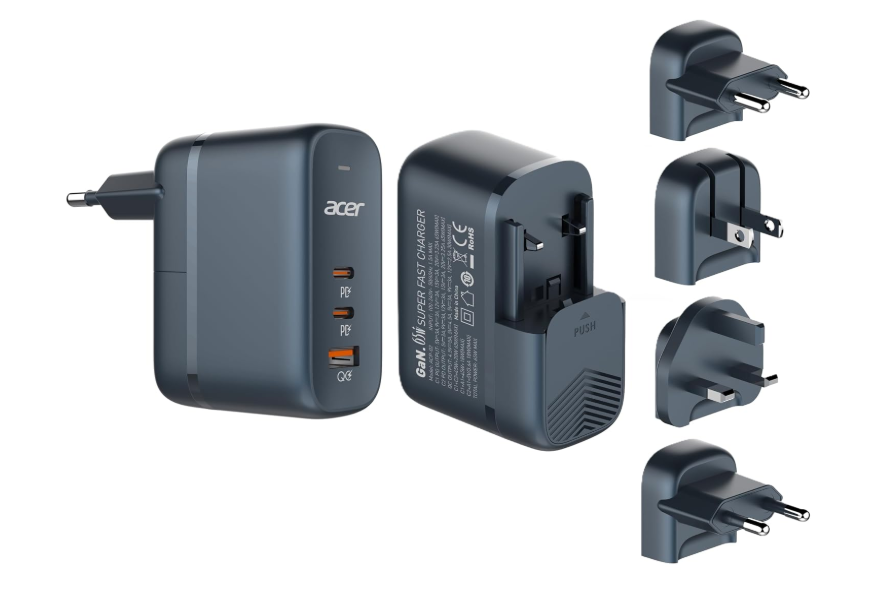 Acer PowerMax 65W GaN USB Charger, Super Fast PD & QC4+ Quick Charging, 3-Port (2 USB-C + 1 USB-A) Fire Safe Compact Travel Adapter with in/US/UK/EU Plugs for Laptops, Tablets, Smartphones