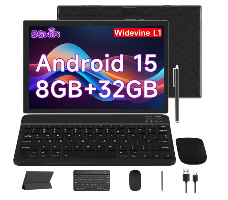 Android 15 tablet 10 inch, 2-in-1 tablets with keyboard/mouse/cover/stylus, 8GB RAM+64GB ROM/1TB expand tablet, 1.8GHz quad-core processor, 1280 * 800 HD touch screen, 8MP camera, 5G WiFi 6