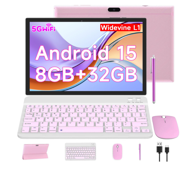 Android 14 10 Inch 2 in 1 Tablet with Keyboard, Mouse, Case, Stylus, 8GB RAM, 64GB ROM/1TB Expandable, 1.8Ghz Quad-core Processor, 1280*800 HD Touch Screen, 8MP Camera, 5G Wi-Fi 6