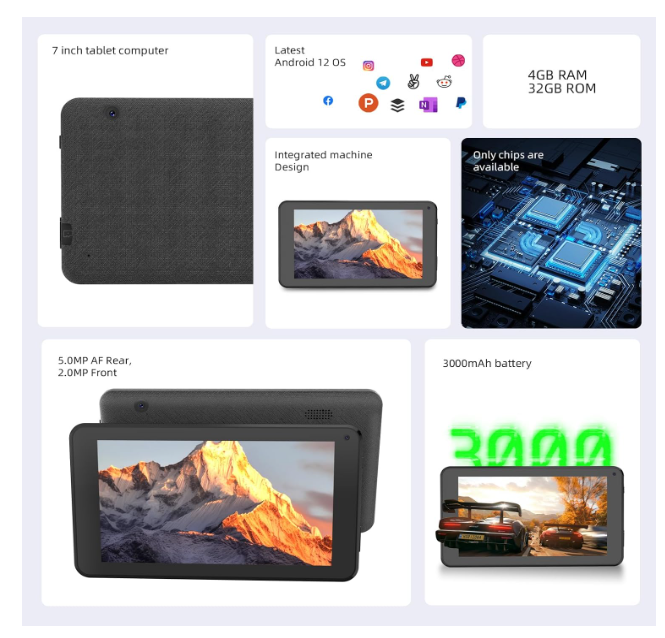 7" Android Tablet, Android 12.0 Tablet, 32GB Storage, 1024GB SD Expansion Tablets, Quad-Core Processor, 4GB RAM, 1024 x 600 IPS HD, Touchscreen, Camera - Image 3