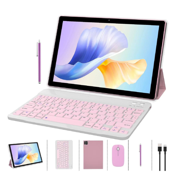 ZZB 2 in 1 Tablet with Keyboard Case Mouse Stylus Pen, 10 inch Tablet Android 14.0 Tablets PC Set, 8GB RAM+64GB ROM Tableta Computer 10.1" IPS Screen 2MP+8MP Dual Camera WiFi BT Tab Pink/Girls
