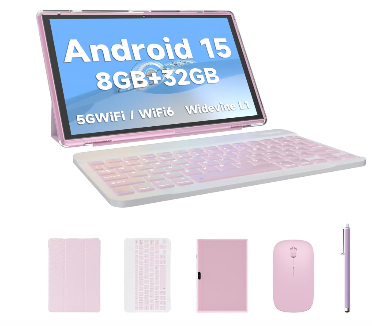 Android Tablet 2 in 1 with Keyboard Case Mouse Stylus, 10 inch Tablet Android 15 Tablets PC, 8GB RAM+32GB ROM Support 1TB Expandable, 6000mAh Battery 10.1" Tableta 2MP+8MP Dual Camera WiFi-6 Tablets