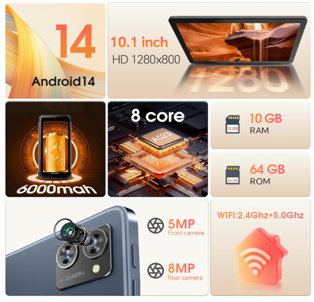DigiLand 2025 Android Tablets, 10.1 inch Android 14 Tablet, Octa Core Processor, 10GB + 64GB(256GB Expand), 800 * 1280 IPS, 6000mAh Battery, 5MP+8MP, WiFi 5 & Bluetooth for Christmas, Xmas - Image 2