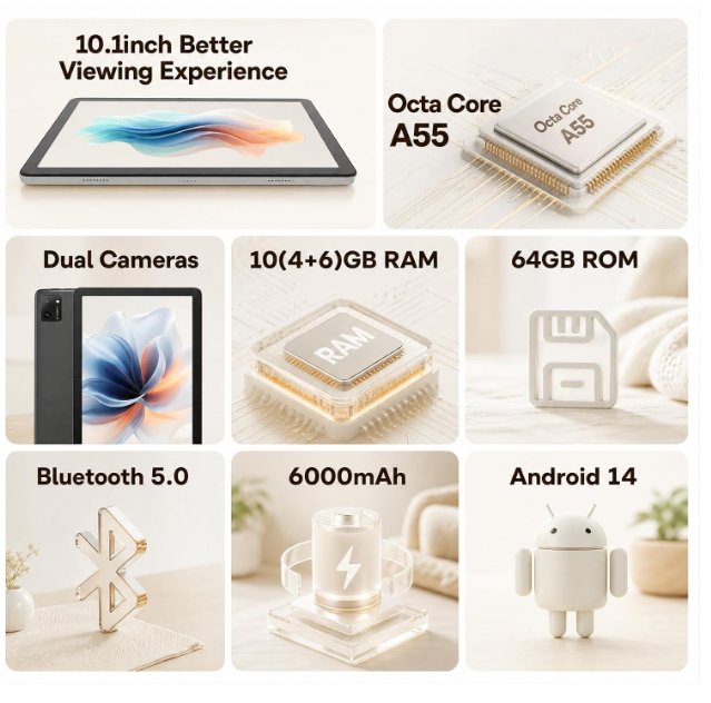 DigiLand Tablet 10.1 Inch, Android 14 Tablet with 10GB RAM 64GB ROM, 256GB Expandable, Octa-Core Processor, 1280x800 IPS Touchscreen, WiFi 5, BT 5.0, Dual Cameras, 6000mAh-Grey - Image 2