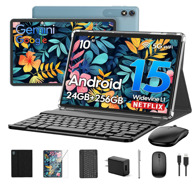 Suicoey 2026 10 Inch Android 15 Tablet PC with Keyboard, 24GB+256GB, AI Tablet PC with 8 Cores, Gemini AI, 5G WiFi, 8000mAh, BT5.0, Widevine L1, GPS, 2 in 1 Tablets with Case, Mouse, Pencil