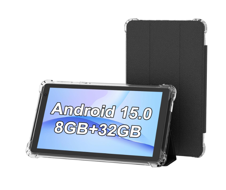 PEICHENG Tablet with Protective Case, 7 inch IPS 1024 * 600 Android 15.0 Tab PC RAM 8GB (3+5Expand)+ROM 32GB Bluetooth 5.0 WiFi6 2.4G+5G 2MP+5MP Dual Cameras (Black)
