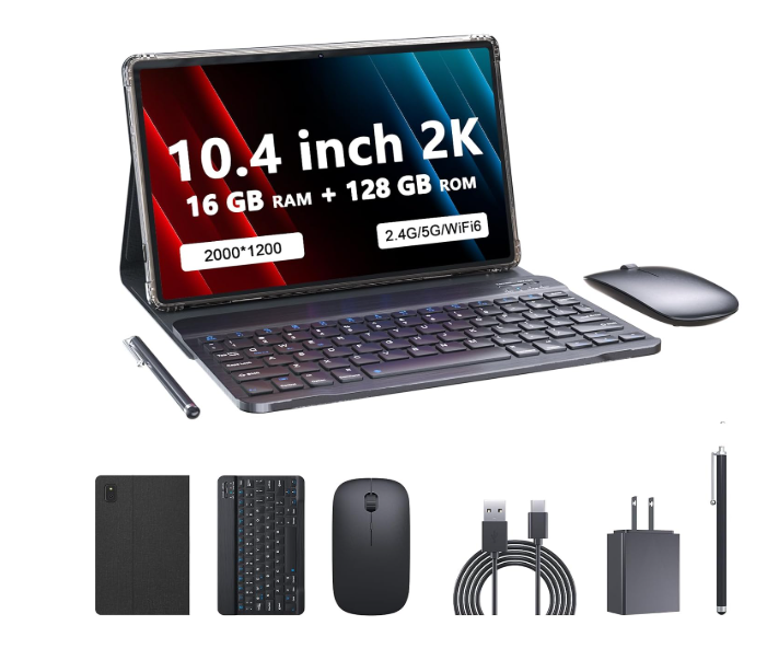 PEICHENG Tablet with Keyboard and Case, Android 13.0 10.4 inch, 16GB RAM + 128GB ROM, 2000x1200 2K FHD, Powerful 2.0GHz 2.4G & 5G CPU & WiFi 6, Bluetooth 5.0, 2 in 1 Tab, Color