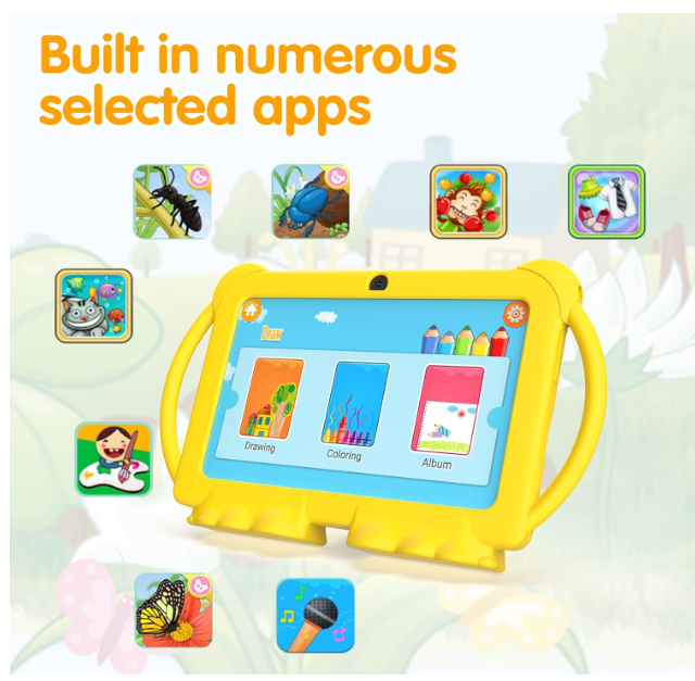 PEICHENG Kids Tablet 7 Inch Android 12.0 for Toddlers, 4GB RAM, 32GB ROM, Bluetooth, IPS Screen, Child Lock, Dual Camera, Shockproof Case for Educational Games (Yellow) - Image 2