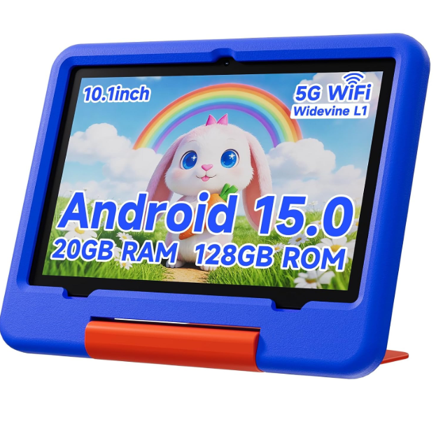 PEICHENG Tablet for Kids with EVA Case, Android 15.0 Toddler Tab PC 10.1 Inch RAM 20GB (4+16 Extension) + ROM 128GB IPS 800 * 1280 5.0 Bluetooth (Blue)