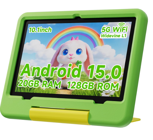PEICHENG Tablet for Kids with EVA Case, Android 15.0 Toddler Tab PC 10.1 Inch RAM 20GB (4+16 Extension) + ROM 128GB IPS 800 * 1280 5.0 Bluetooth (Green)