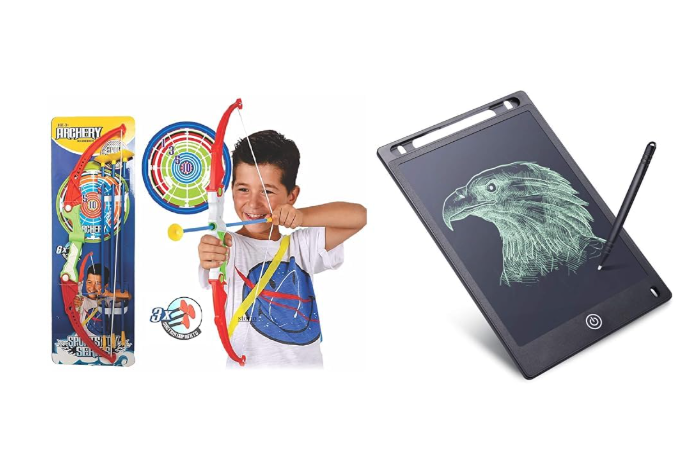 Storio Bow and Arrow Toy Set for Kids (3+ Yrs) – Archery Dhanush Kaman with Target Board & Storio LCD Writing Tablet 8.5" – E-Note Pad for Drawing, Gift for Boys & Girls, Multicolor