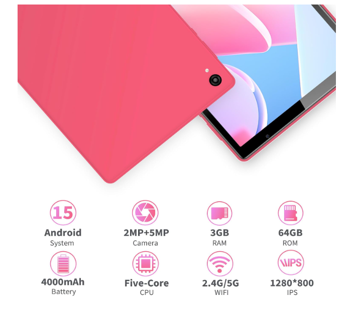 Veidoo Android 15 Tablet, 10.1 Inch Tablet with 3GB RAM 64GB ROM Octa Core Processor, 5G WiFi, 1280x800 IPS FHD Touch Screen, 2MP+5MP Camera, Face Recognition Eye Protection Mode (Rose Pink) - Image 2