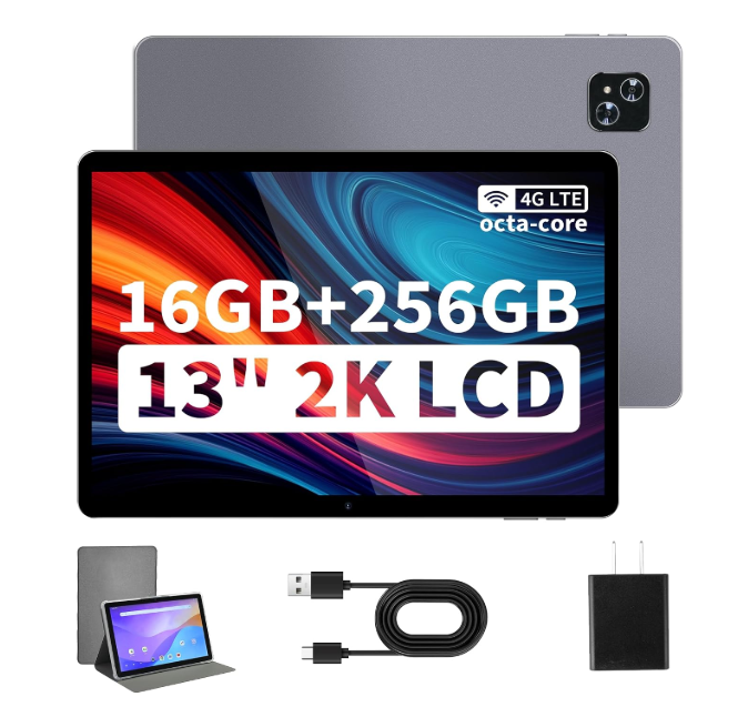 Veidoo Android Tablet 13", 2160 x 1440 FHD Display, 16GB (8+8 Expandable) RAM, 256GB ROM, Expandable to 2TB, Octa-Core Processor, WiFi6, 10000 mAh Long Life Battery, 4G LTE