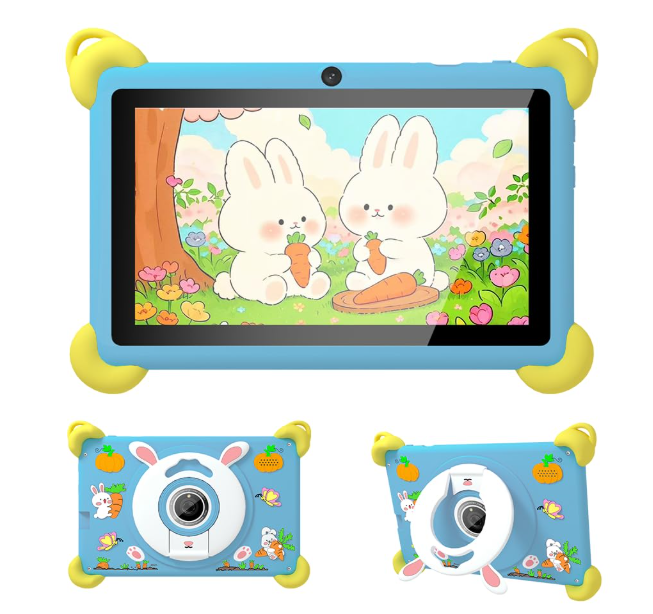 Veidoo 7 Inch Android Tablet for Kids, 2+32 GB, Dual Camera, Anti-Shock Case with Rabbit Stand and Strap, Quad-Core Processor, iwawa App, Parental Control