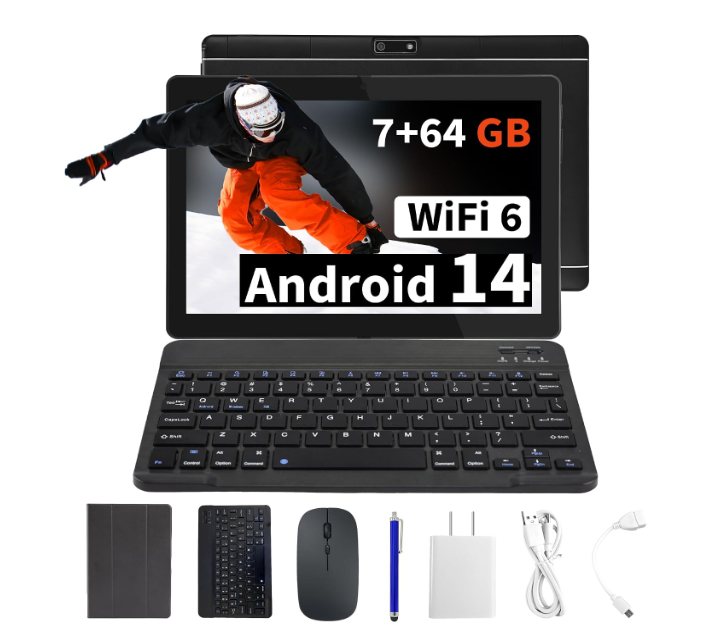 Veidoo 2 in 1 Portable Android Tablet with Keyboard, Mouse and Stylus, Tablet 10.1 Inch IPS HD Screen with 7GB RAM (3GB+4GB) 64GB ROM, Expandable to 512GB, Octa-Core Processor, WiFi 6