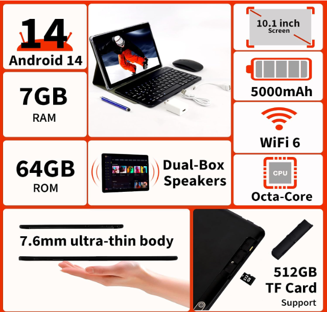 Veidoo 2 in 1 Portable Android Tablet with Keyboard, Mouse and Stylus, Tablet 10.1 Inch IPS HD Screen with 7GB RAM (3GB+4GB) 64GB ROM, Expandable to 512GB, Octa-Core Processor, WiFi 6 - Image 2