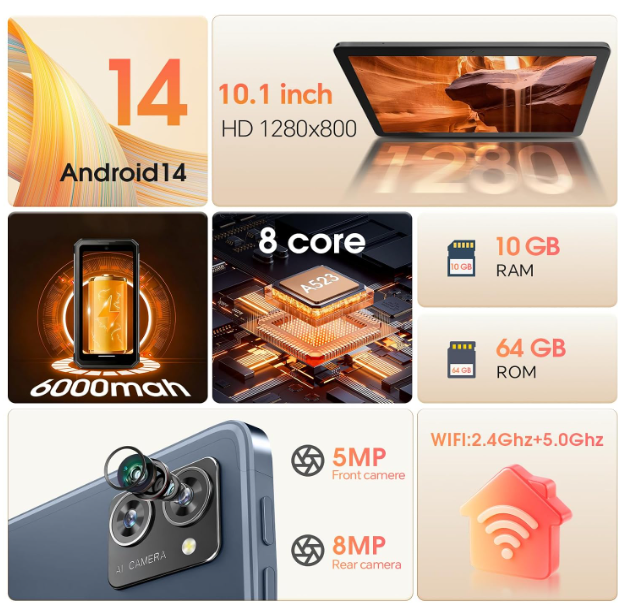 DigiLand 2025 Android Tablets, 10.1 inch Android 14 Tablet, Octa Core Processor, 10GB + 64GB(256GB Expand), 800 * 1280 IPS, 6000mAh Battery, 5MP+8MP, WiFi 5 & Bluetooth for Christmas, Xmas - Image 2