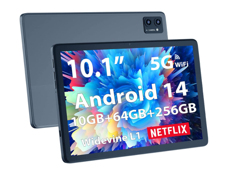 Android 2025 Tablet 10.1 Inch Android 14 Tablet with Octa-Core, 10GB + 64GB, 6000mAh Battery, 2MP + 5MP Camera, HD IPS Display 800 x 1280, WiFi and Bluetooth, Grey