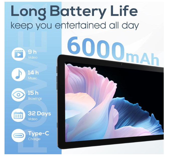 Android 2025 Tablet 10.1 Inch Android 14 Tablet with Octa-Core, 10GB + 64GB, 6000mAh Battery, 2MP + 5MP Camera, HD IPS Display 800 x 1280, WiFi and Bluetooth, Grey - Image 2