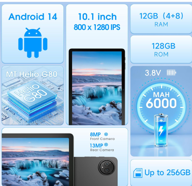 DigiLand 2025 10.1 Inch Android 14 Tablet, MTK Helio G80 Octa-Core 12GB RAM 128GB, HD IPS Touchscreen, Wi-Fi 6, BT 5.0, 6000mAh Battery, Dual Camera, Kickstand Case, Widevine L1, (Grey) - Image 2