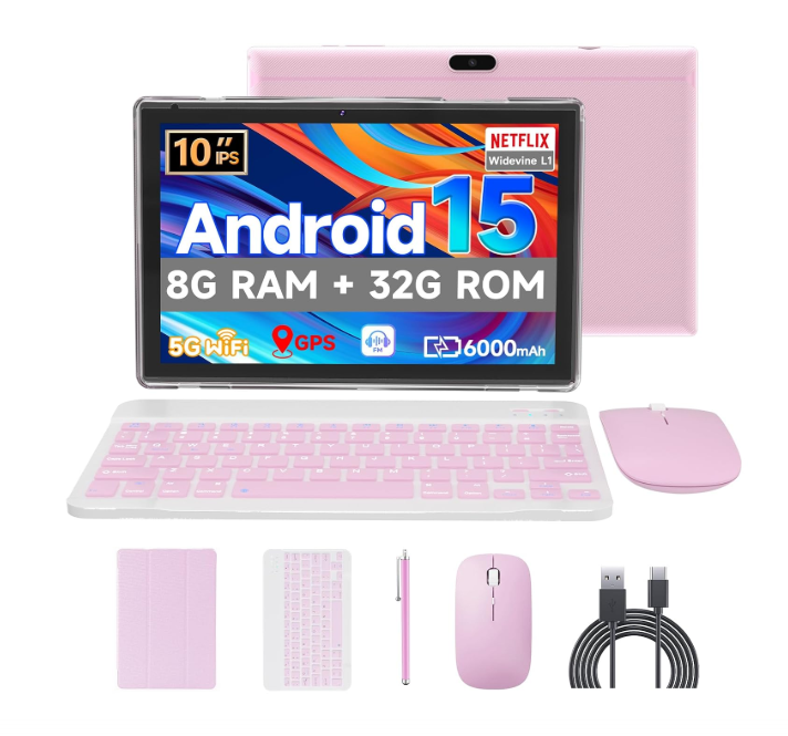 Android 15 Tablet, 10 Inch Tablets, 8GB RAM+32GB ROM/2TB Expandable, 2 in 1 Tablets with Keyboard Case, 1280x800 IPS Display Screen, 5G 6 Wi-Fi, Dual Camera, Battery
