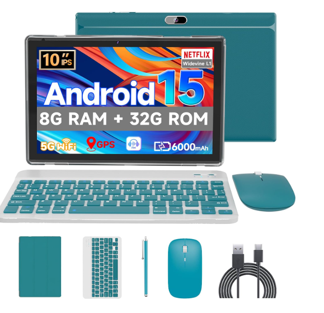 Android 15 Tablet, 10 Inch Tablets, 18GB RAM + 128GB ROM/2TB Expandable, 2-in-1 Tablets with Keyboard Case, 1280x800 HD IPS Display, Wi-Fi6, Dual Camera, 6000mAh Battery