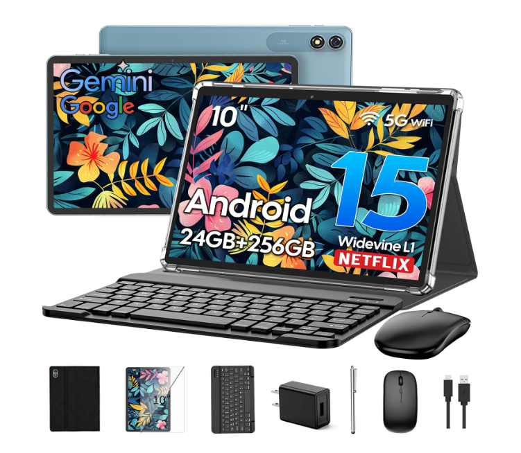 Suicoey 2026 10 Inch Android 15 Tablet PC with Keyboard, 24GB+256GB, AI Tablet PC with 8 Cores, Gemini AI, 5G WiFi, 8000mAh, BT5.0, Widevine L1, GPS, 2 in 1 Tablets with Case, Mouse, Pencil