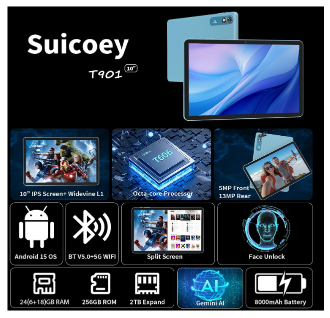 Suicoey 2026 10 Inch Android 15 Tablet PC with Keyboard, 24GB+256GB, AI Tablet PC with 8 Cores, Gemini AI, 5G WiFi, 8000mAh, BT5.0, Widevine L1, GPS, 2 in 1 Tablets with Case, Mouse, Pencil - Image 2