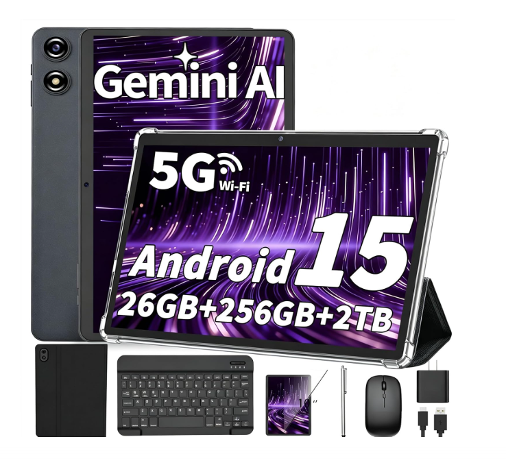 Android Tablet 10 Inches, 2026 Android 16 Tablet with Keyboard, 26GB + 256GB (2TB Extension), Gemini AI Tablet with 8-Core, 8000mAh, 5G WiFi, Widevine L1, 2-in-1 Tablets PC with Case/Mouse/Stylus