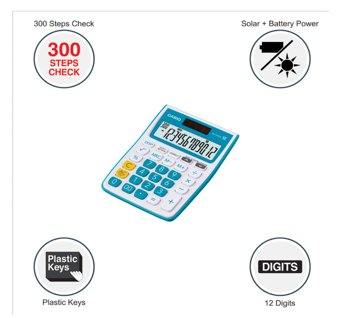 Casio MJ-12VCb-BU 300 Steps Check & Correct Colourful Desktop Financial Calculator (Blue) & Casio HL820LV-BK Portable Calculator with Flap Cover - Image 2