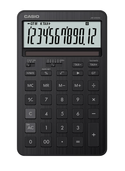 Casio JW-200DQ Stylish and Colourful 12-Digit Compact Desktop Tax Calculator, Iron Black