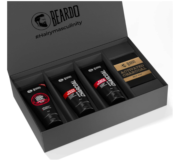 Beardo Charcoal 4-in-1 Giftset for Men | Complete Face & Body Kit, Pack of 4 (Facewash, Peel-Off Mask, Scrub, Soap) | Gift | for Husband