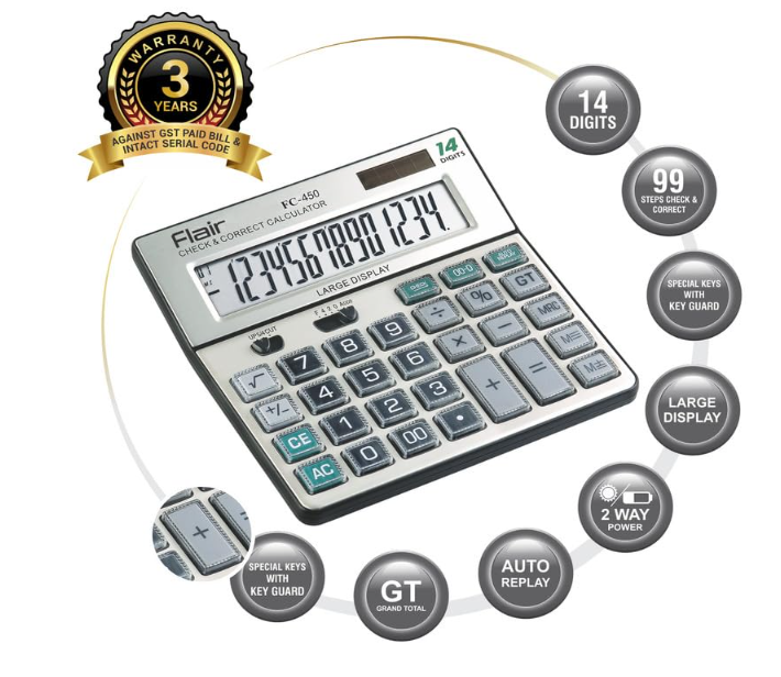 Flair FC-450 Desktop Series Basic Calculator | LCD Screen Display Which Makes More Data Easier to Read | New Additional Features Added | Ideal for School, College & Office | Grey, Pack of 1 - Image 2